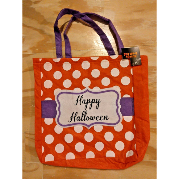 Happy Halloween Felt 12x12 White Polka Dot Orange Trick Or Treat Bag -New w/Tag - Picture 1 of 2